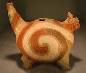 Painted ceramic jug showing the underwater panther from the Mississippian culture, found at Rose Mound in Cross County, Arkansas, c. 1400–1600.