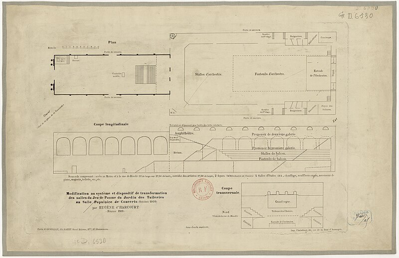 File:Modification au système et dispositif de transformation des salles du Jeu de paume du jardin des Tuileries en salle populaire de concerts (octobre 1909) - par Eugène d'Harcourt, février 1911 - btv1b8445445p.jpg