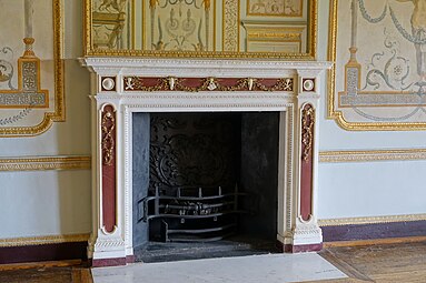 Neoclassical bucrania on the fireplace from the Music Room of the Stowe House, Stowe, Buckinghamshire, UK, by Vincenzo Valdrè, early 1780s