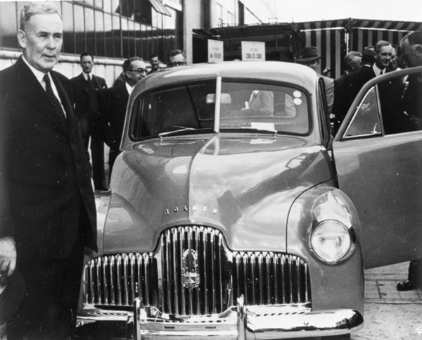 Labor PM Ben Chifley at the launching of the Holden 48-215 on 29 November 1948