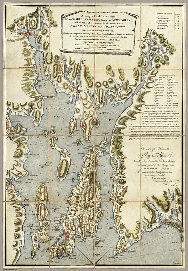 The Charles Blaskowitz Chart of Narragansett Bay published July 22, 1777 at Charing Cross, London