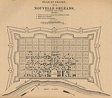 French diagram of New Orleans grid (1763), centered at Place d'Armes (Jackson Square) along the Fleuve St. Louis (Mississippi River). New Orleans Fort map 1763.jpg