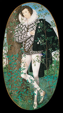 Young Man Among Roses, c. 1585–1595, Victoria and Albert Museum. It is believed to be a portrait of Robert Devereux, 2nd Earl of Essex.[8]