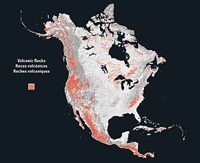 On a map showing only volcanic rocks, the west coast of North America shows a striking continuous north-south structure, the American Cordillera. North america rock volcanic.jpg