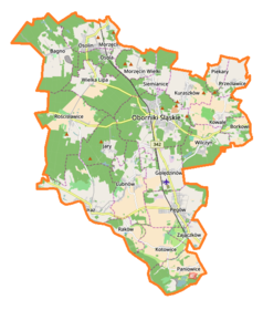 Mapa konturowa gminy Oborniki Śląskie, u góry po lewej znajduje się punkt z opisem „Wyższe Seminarium Duchowne Salwatorianów w Bagnie”