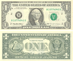 米国通貨数種の肖像になっているジョージ・ワシントン。そのうちの1957年1ドル紙幣。裏面の図柄は米国の国璽。