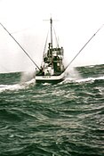 Commercial fishing vessel trolling for tuna in the Pacific