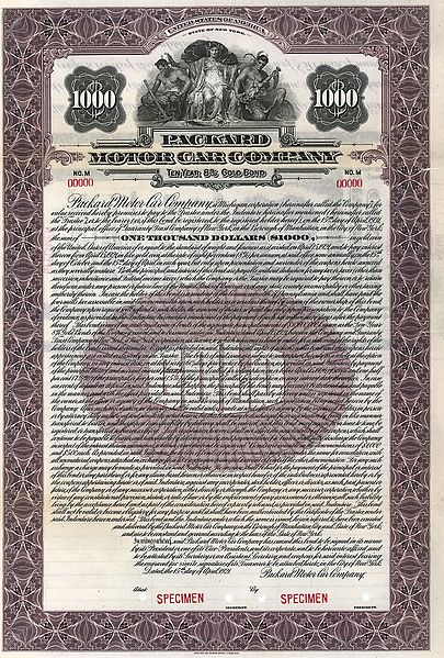 Gold Bond specimen of the Packard Motor Car Company, issued 15. April 1921