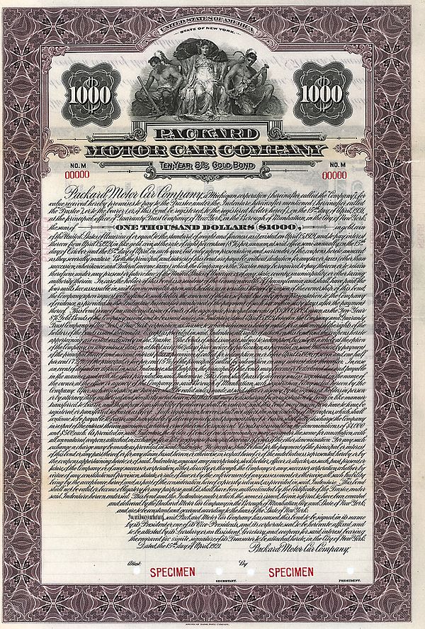 Gold Bond specimen of the Packard Motor Car Company, issued 15. April 1921