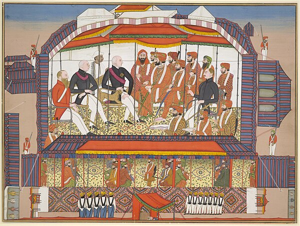 Painting of the signing of the Treaty of Bhairowal on 26 December 1846 between the Sikh Empire and British East India Company