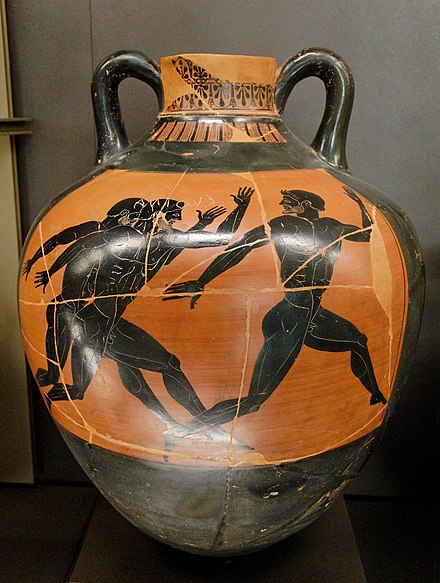 The foot race was one of the events dedicated to Zeus. Panathenaic amphora, Kleophrades painter, circa 500 BC, Louvre museum.
