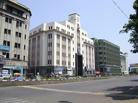 Parry's Corner, one of the oldest business areas of Chennai, lined up with Art Deco buildings.