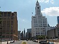 North Broad Street, Philadelphia, PA 19130, 400 block, looking south with the Commerce Building (formerly the North American Building) on the left, City Hall in the distance, with the Philadelphia Inquirer Building (1925) on the right, and Philadelphia Board of Education Building (440 North Broad) on the right the foreground