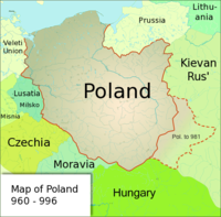 Poland under the rule of Mieszko I, whose acceptance of Christianity under the auspices of the Roman Church and the Baptism of Poland marked the beginning of statehood in 966. Poland960.png