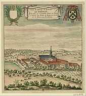 Gravure du dix-huitième siècle montrant une abbaye dans un cadre rural.