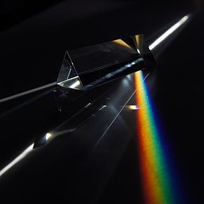 A triangular prism dispersing a beam of white light. The longer wavelengths (red) and the shorter wavelengths (green-blue) are separated. Prism flat rainbow (cropped).jpg