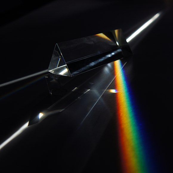 A triangular prism dispersing a beam of white light. The longer wavelengths (red) and the shorter wavelengths (green-blue) are separated.