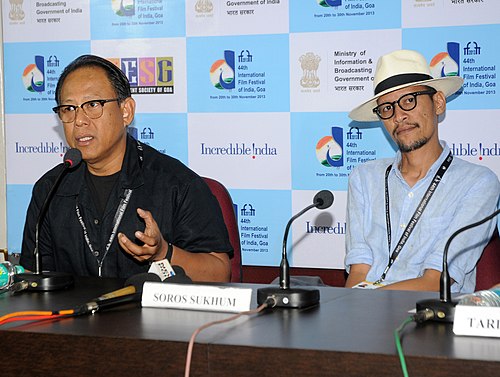 Producer Mr. Soros Sukhum of the Film (Tang Wong Thai film) Actor Mr. Vithaya Pansringarm of the film (Only god Forgives Thai film) addressing the Media, at the 44th India International Film Festival of India (IFFI-2013).jpg