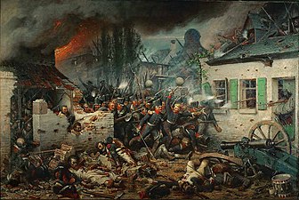 De Pruisen bestormen Plancenoit tijdens de slag van Waterloo 1864