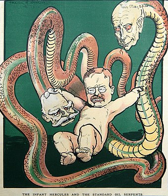 U.S. President Theodore Roosevelt depicted as the infant Hercules grappling with Standard Oil in a 1906 Puck magazine cartoon by Frank A. Nankivell