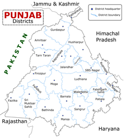 23 districts of Punjab along with their headquarters as of 2023. Punjab district map.png