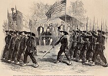March past of the 'Garibaldi Guard' before President Lincoln and General Scott, 4 July 1861 Review of Federal Troops on 4 July by President Lincoln and General Scott, the Garibaldi Guard filing past - ILN 1861.jpg