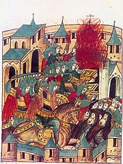 The sack of Suzdal by Batu Khan in 1238, miniature from 16th-century chronicle.
