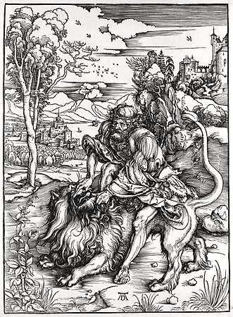 Samson yn rhwygo'r llew (Barnwyr 14:6), torlun pren gan Albrecht Dürer, tua 1497