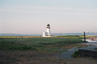 Prudence Island Light, ca. 1824, was the original Newport Harbor Lighthouse until it was transported to Prudence Island in 1851