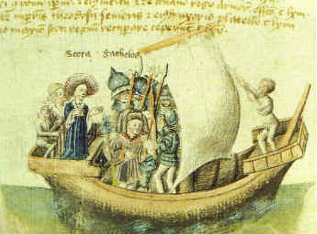 Scota and Goídel Glas voyaging from Egypt. From the 15th century chronicle the Scotichronicon.