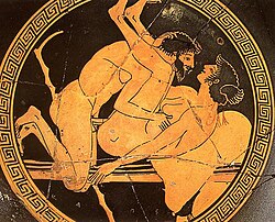 Sexual scene at a red-figure tondo of a kylix at the Museo nazionale (Tarquinia).jpg