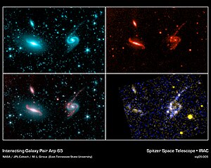 Arp 65 (NGC 93 à gauche, NGC 90 à droite) dans les images recueillies par Spitzer et GALEX