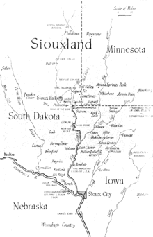Map of Siouxland from the endpapers of the novel "This Is the Year" by Feike Feikema (Frederick Manfred), who defined "this area where state lines have not been important" and coined the name in 1946
