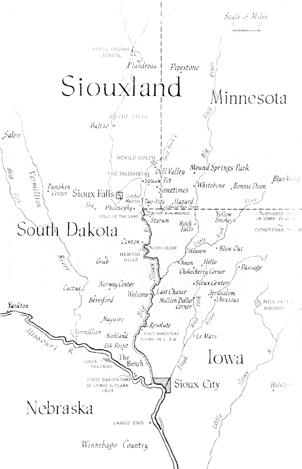 Map of Siouxland from the novel "This Is the Year" by Feike Feikema (Frederick Manfred), who defined "this area where state lines have not been important" and coined the name in 1946