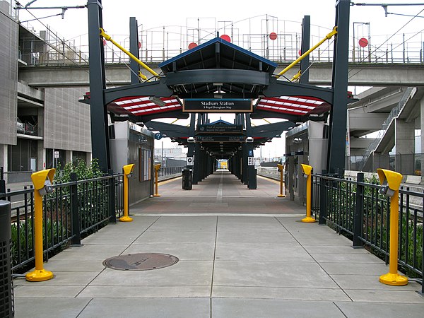 The entrance to Stadium station, looking south at the ticket vending machines and ORCA card readers