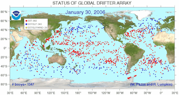This is a snapshot of the distribution of the drifters in the GDP. (A live tracking update of drifter locations is available through Google Earth at www
.aoml
.noaa
.gov
/phod
/dac
/gdp
_maps
.php.) Status of Global Drifter Array.gif