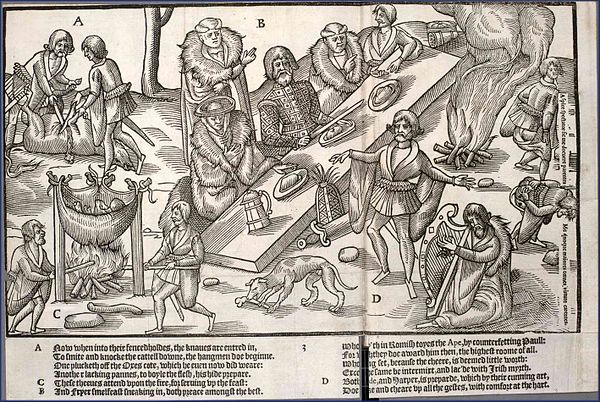 A scene from The Image of Irelande (1581) showing a chieftain at a feast being entertained by a fili and a harper