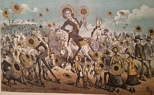 В сатирической карикатуре изображена фигура денди, красиво одетая в длинное пальто и бриджи, парящая в воздухе. через толпу в плотно забитом бальном зале. 