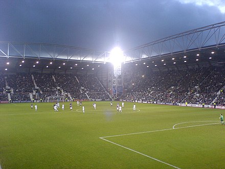 The Gorgie and Wheatfield stands at dusk