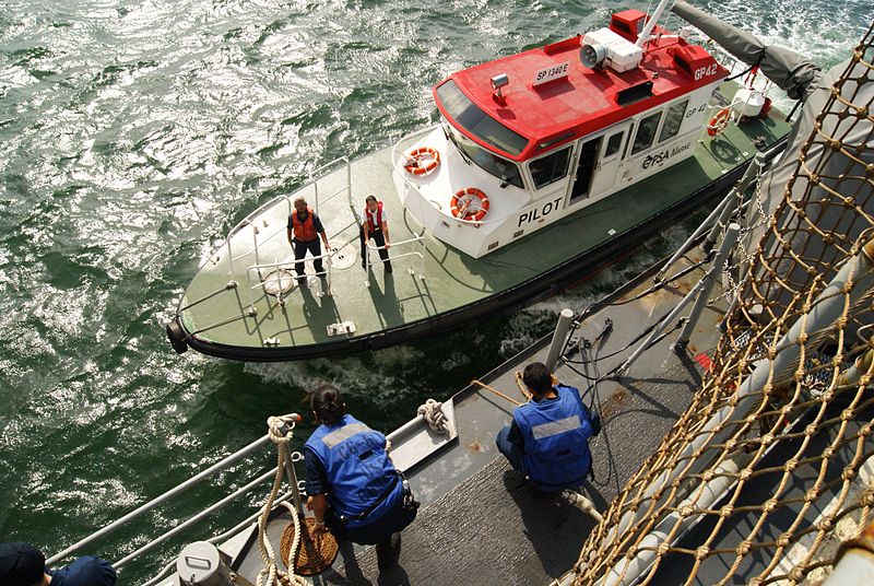 File:U.S. Sailors assigned to the guided missile Cruiser USS Chosin (CG 65) set up a ladder to bring aboard a harbor pilot to help the ship navigate the water into Changi Naval Base in Singapore Aug. 26, 2013 130826-N-WT787-007.jpg