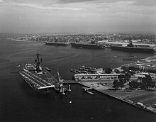 Hancock at San Diego in 1970; moored behind are (l-r) Midway, Kitty Hawk and Ticonderoga USS Hancock (CVA-19) plus carriers at San Diego 1970.jpg