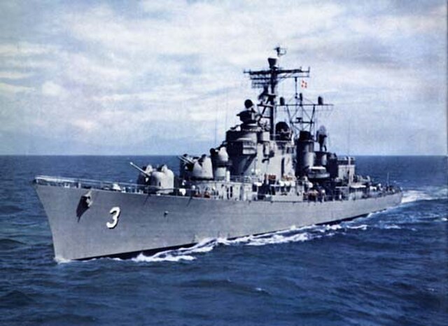 Destroyer leader USS John S. McCain with 3-inch/70 Mark 26 gun and Weapon Alpha visible abaft the forward 5-inch/54 Mark 42 gun.