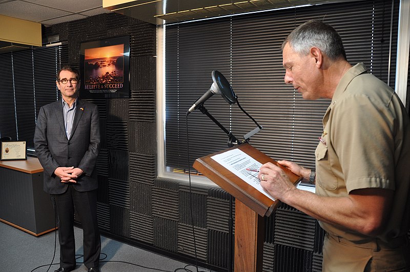 File:US Navy 100224-N-7915T-138 Capt. Bill Mosk, right, commanding officer of Naval Station Rota, Spain, conducts an interview with U.S. Ambassador to Spain and Andorra Alan D. Solomont.jpg