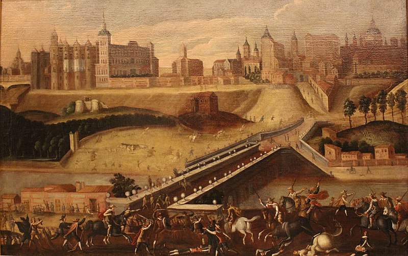 File:Vista de la salida de Madrid desde la salida del puente de Segovia con toros desmandados. Museo de Historia de Madrid (cropped).JPG