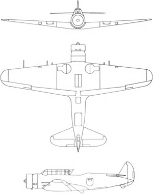 Vultee V-11 drawing Vultee V-11 3-view line drawing.png