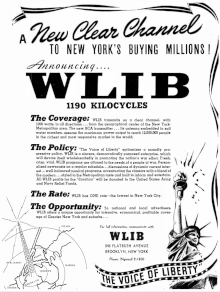 In 1942, the station moved to 1190 kHz and changed its call sign to WLIB. WLIB advertisement (1942).gif