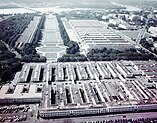 Temporary buildings surrounding the Lincoln Memorial Reflecting Pool