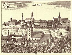 Ядро современного Загреба возникло из средневековых поселений Верхнего города Градец и Каптол.  Изображение 1689 г.