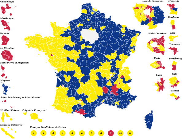 Candidats arrivés en tête dans chaque circonscription législative au 1er tour.