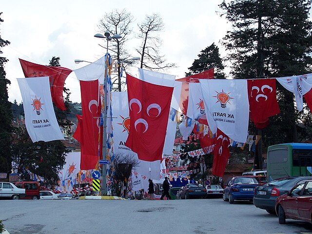 Flags of political parties before the Turkish municipal elections in Şile, Turkey. The most visible ones are MHP and AKP (Justice and Development Part